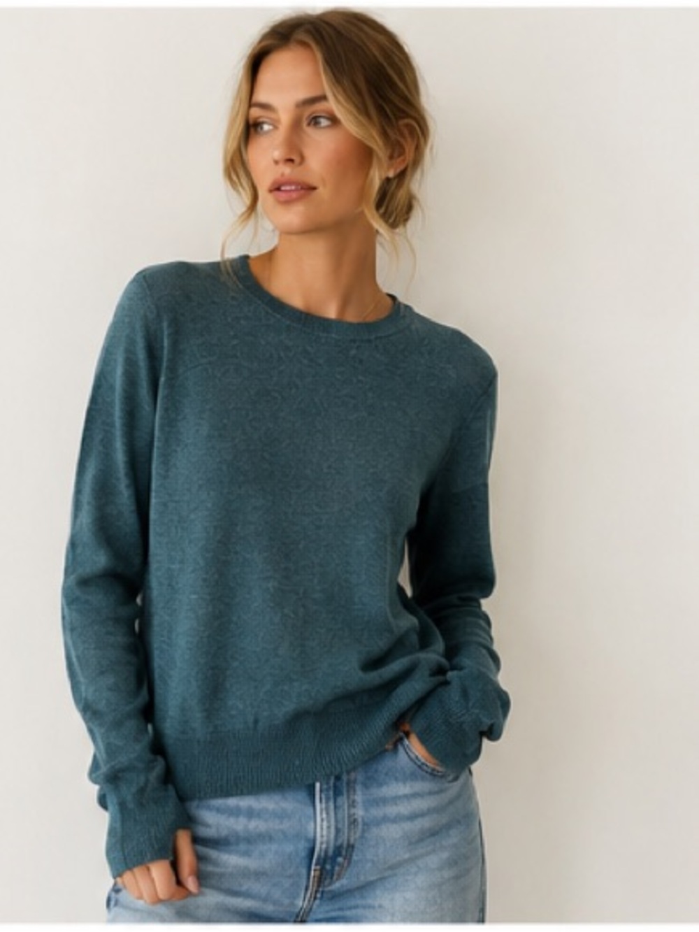 Max Studio 100% Fine Merino Wool Crew Lightweight Knit Teal Blue Green Size S
